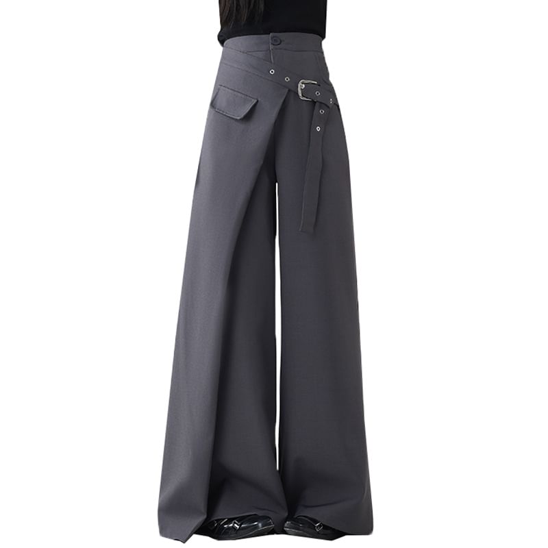 Rosesand - Effen hoge taille asymmetrische wikkelbroek met wijde pijpen