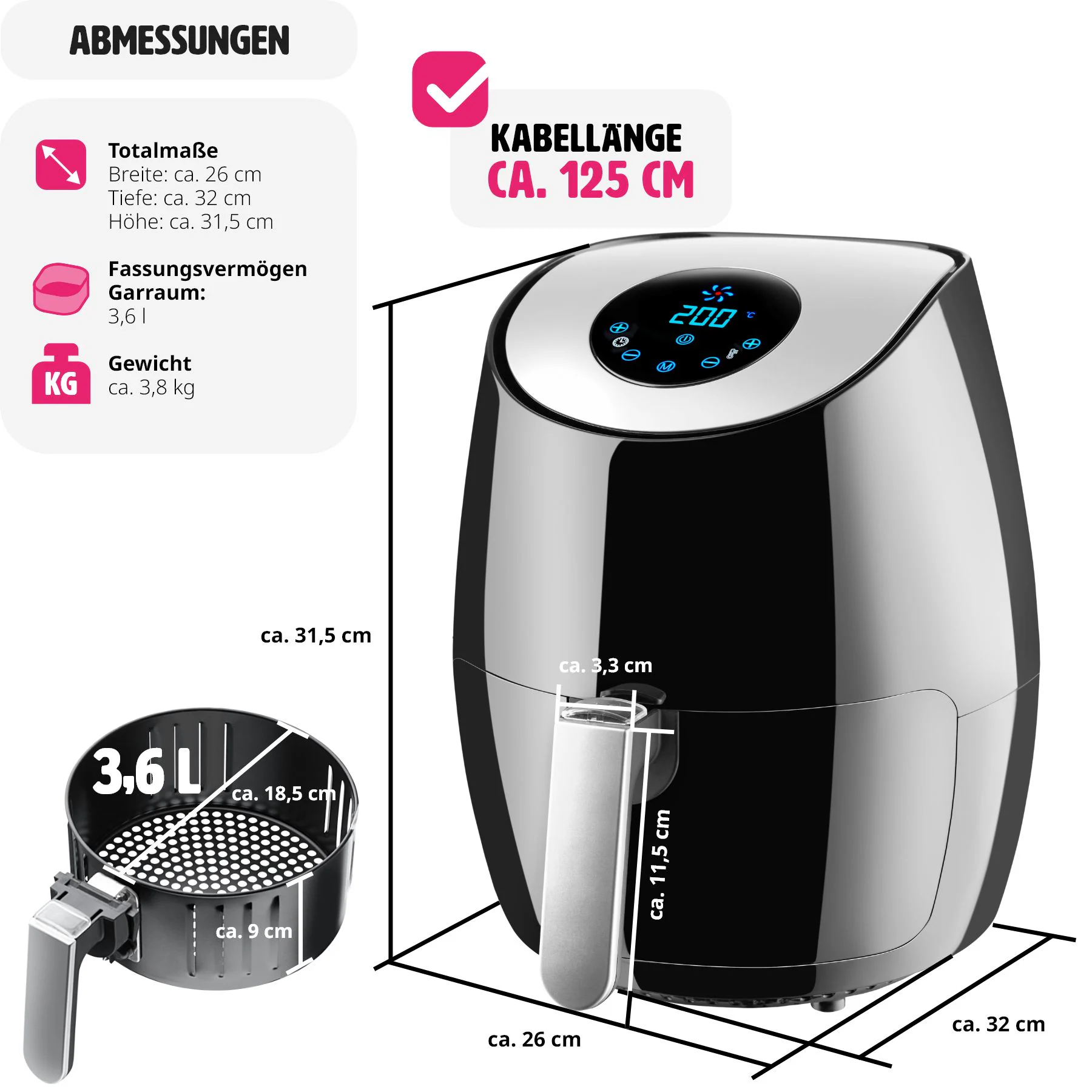 tectake® Heißluftfritteuse, 3,6 l, Timer und Temperatursteuerung, SGS-Zertifikat, inklusive Rezeptheft