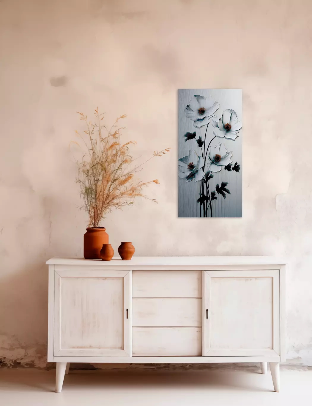 Wandbild 30 x 60 cm White Flowers On Silver V