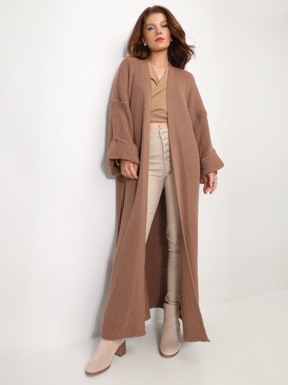 Gilet long à manches évasées- Camel foncé