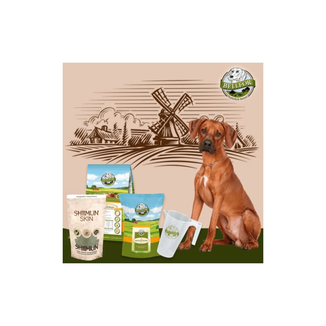 Bellfor Rhodesian Ridgeback Futter Set - Wiesen-Schmaus 4 kg + Haut & Fell Pulver 80g + Freiland-Happen 200g + 1 Messbecher