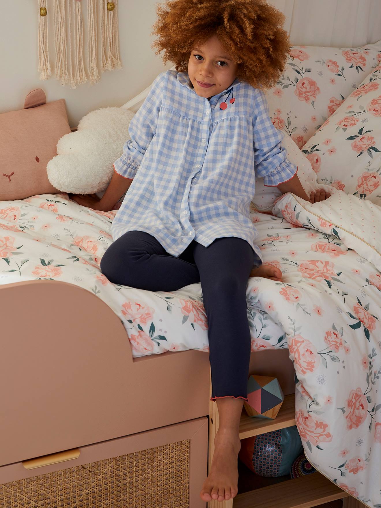 Camisola de flanela xadrez vichy + leggings xadrez azul lisas