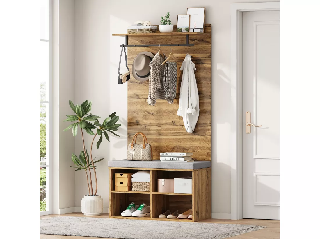 Meuble à chaussures avec banc, 2 portes et porte-manteau - 175 x 84 x 37 cm - Panneaux de particules - Etagère réglable - Chêne