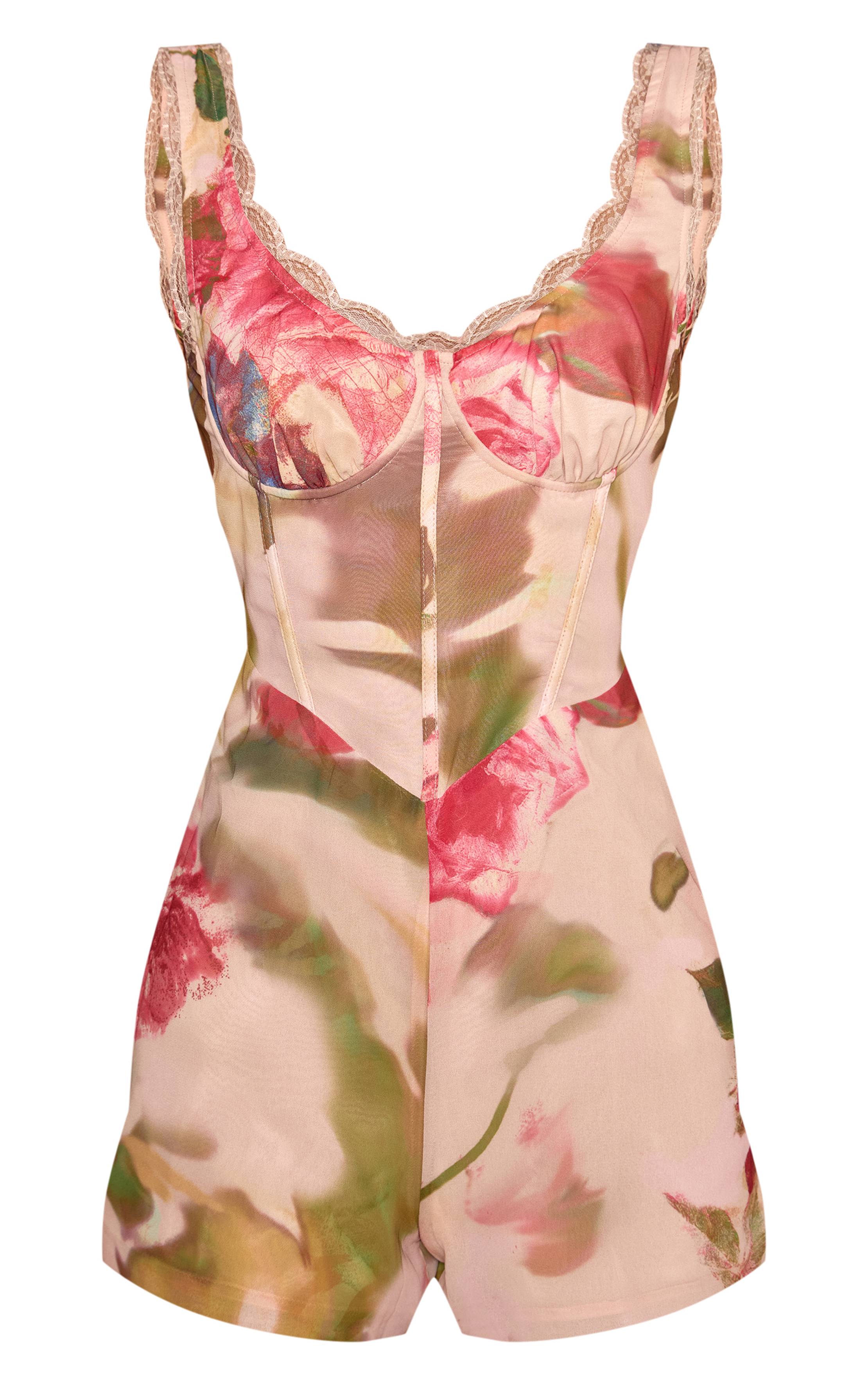 Crème Combinaison Courte En Mousseline À Imprimé Fleuri Avec Détail Corset
