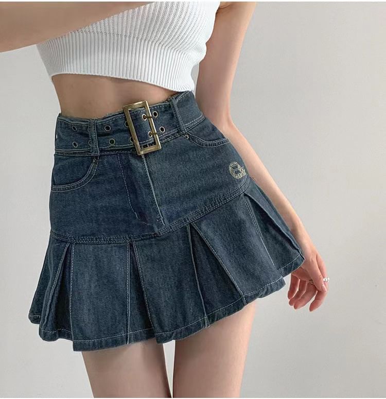 Bolgivy - Mini A-lijn denim rok met hoge taille en riem