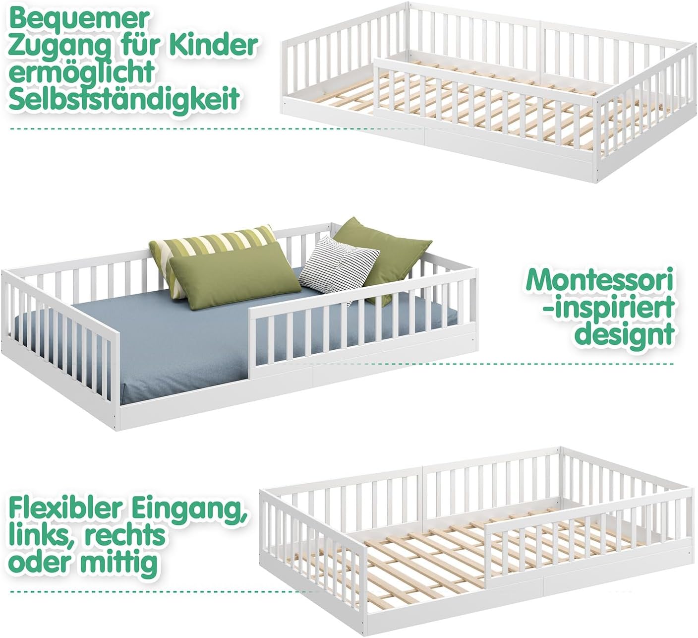 CADANI Timi Kinderbett 120x200 cm Bodenbett, Rausfallschutz abnehmbar, bis 200 kg belastbar, Roll-Lattenrost, Montessori Kiefer Massivholz Bett, 3 Aufbauvarianten, Umbaubar, Weiß