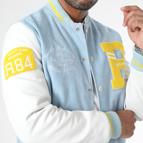 Veste Teddy Cuir Clan Muster Bleu Clair Blanc