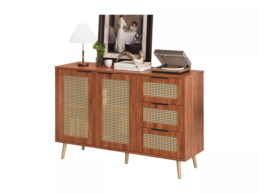 Buffet vintage en rotin avec 2 portes et 3 tiroir - 120 x 38 x 78 cm - MDF - pour cuisine et salon - Noyer