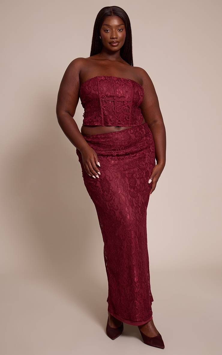 Rouge Vin Top Corset Bandeau À Baleines En Dentelle Grande Taille Coordonné