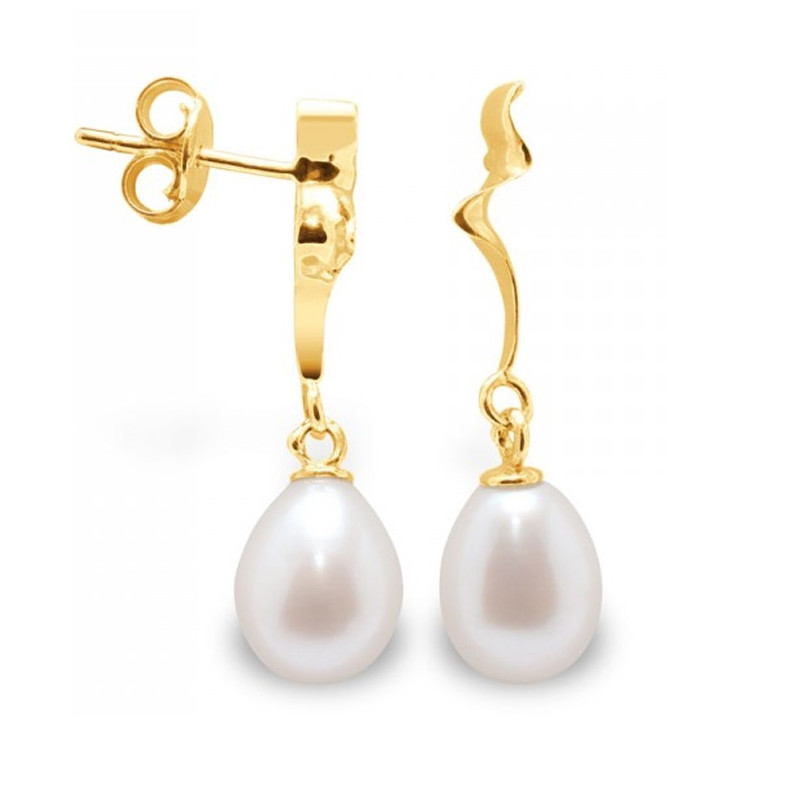 Boucles d'Oreilles Pendantes Perles de Culture Blanches et or jaune 375/1000