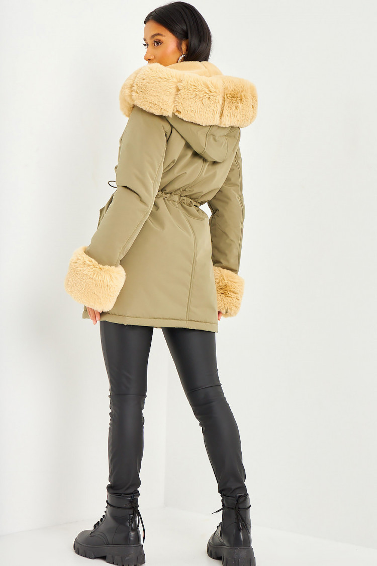 Parka kaki à fourrure beige