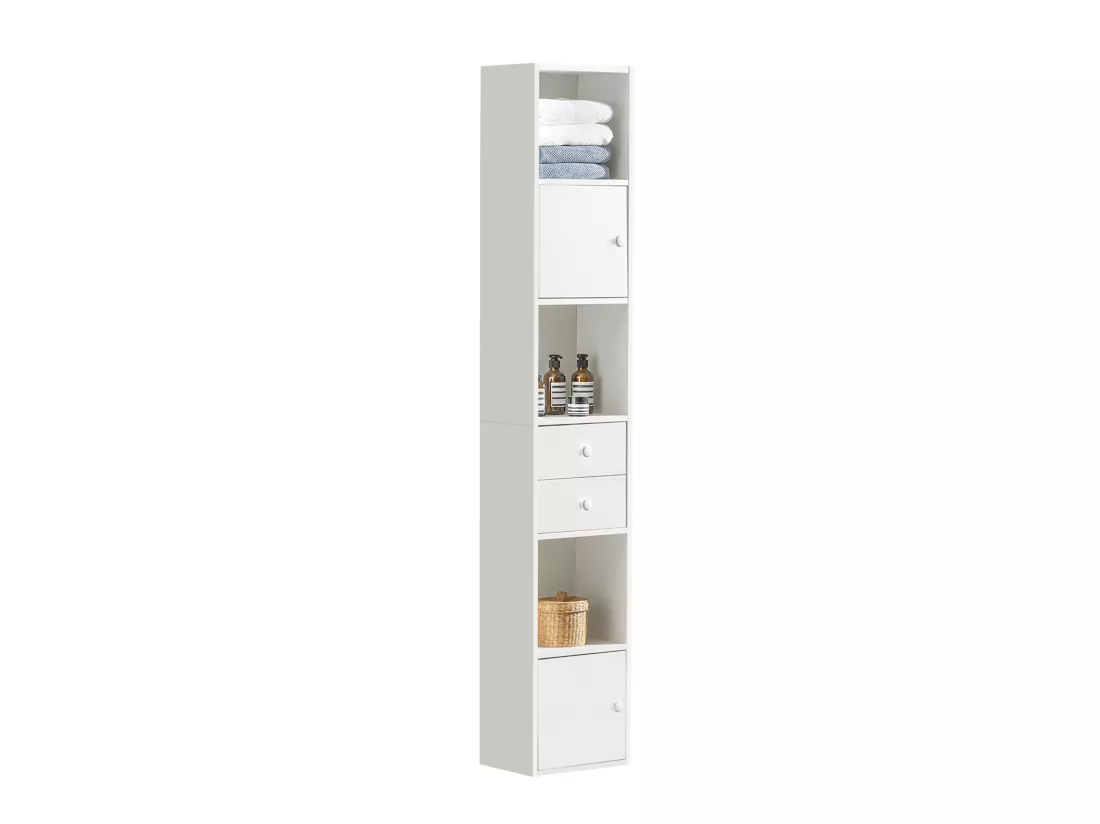 Étagère Sur Pied Étagère De Rangement Meuble Colonne Haute Avec 2portes Et 2 Tiroirs Blanc, Str10-w