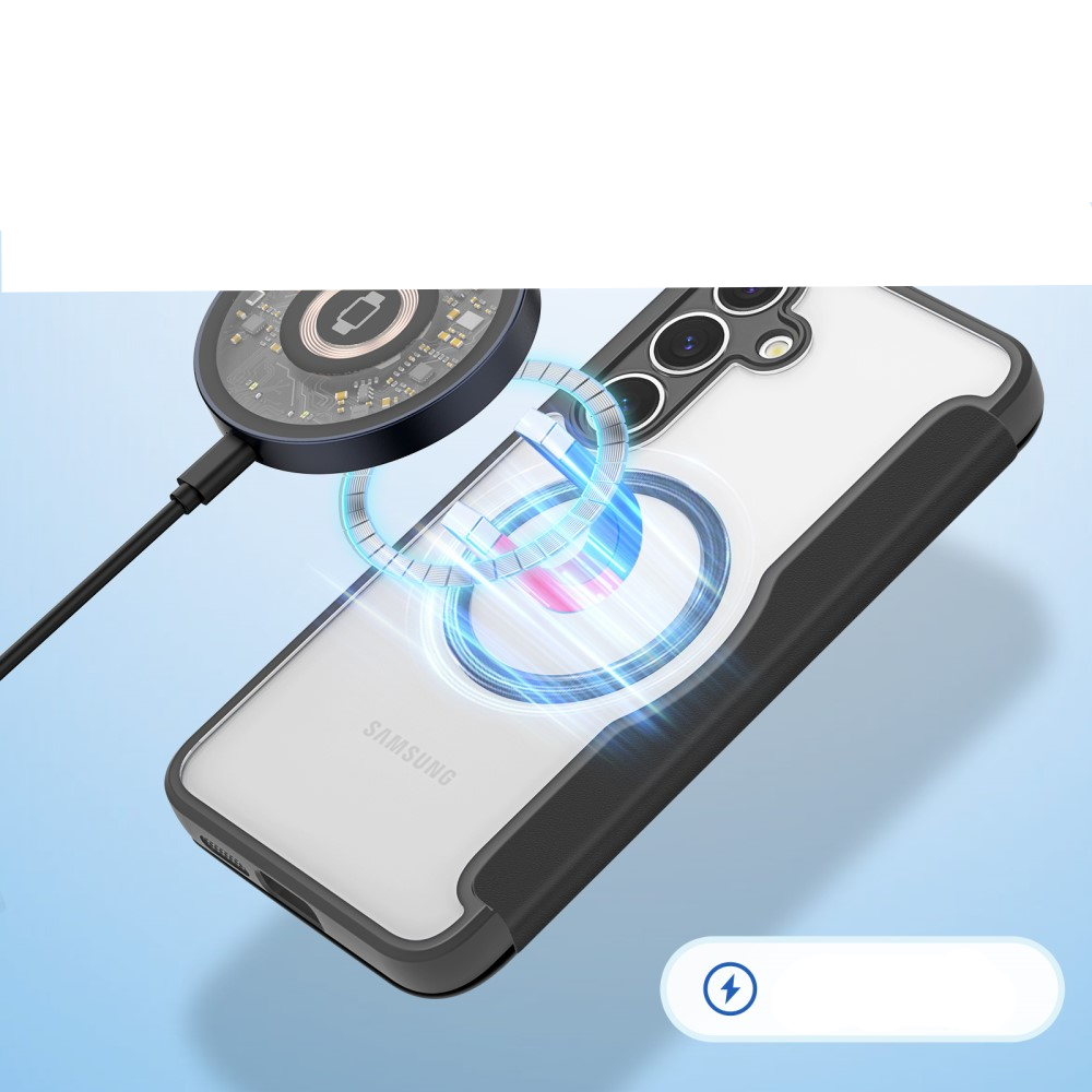 Samsung Galaxy S25  Plus Hybrid Leder Tasche   Kunststoff Rückseite MagSafe-Modul - Schwarz / Transparent