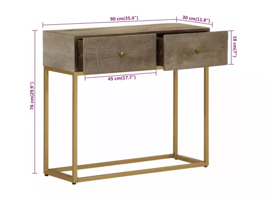 Table console 90x30x76 bois massif de manguier et fer
