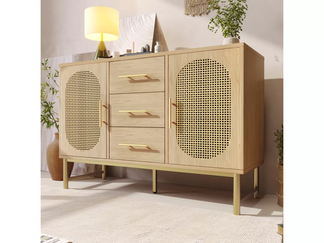 Buffet avec 3 tiroirs et 2 portes en rotin - 120 x 40 x 74 cm - Etagères réglables - Panneau de particules - Chêne
