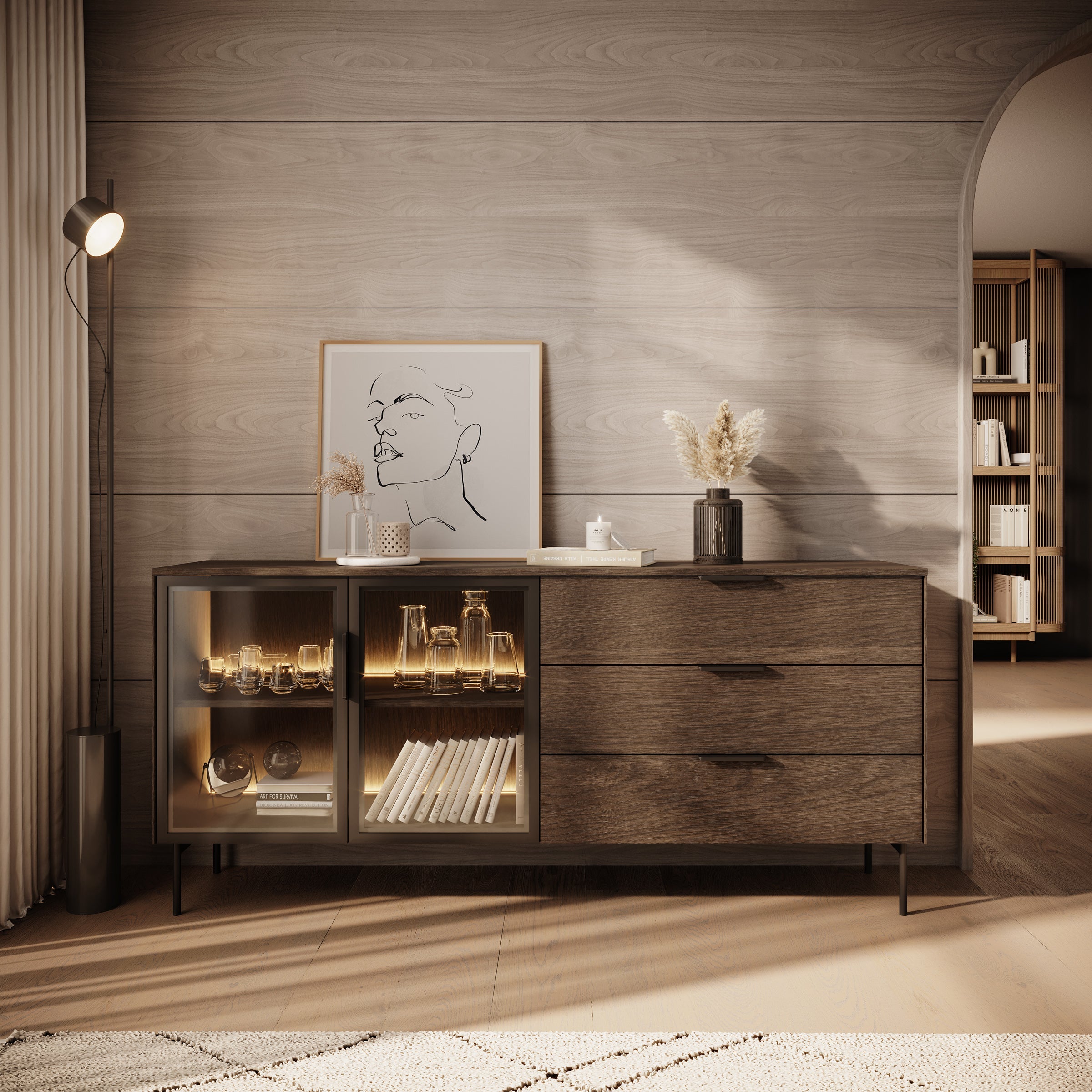 Meubella - Lomo - Dressoir 3 lades - Donker eiken - 181 cm
