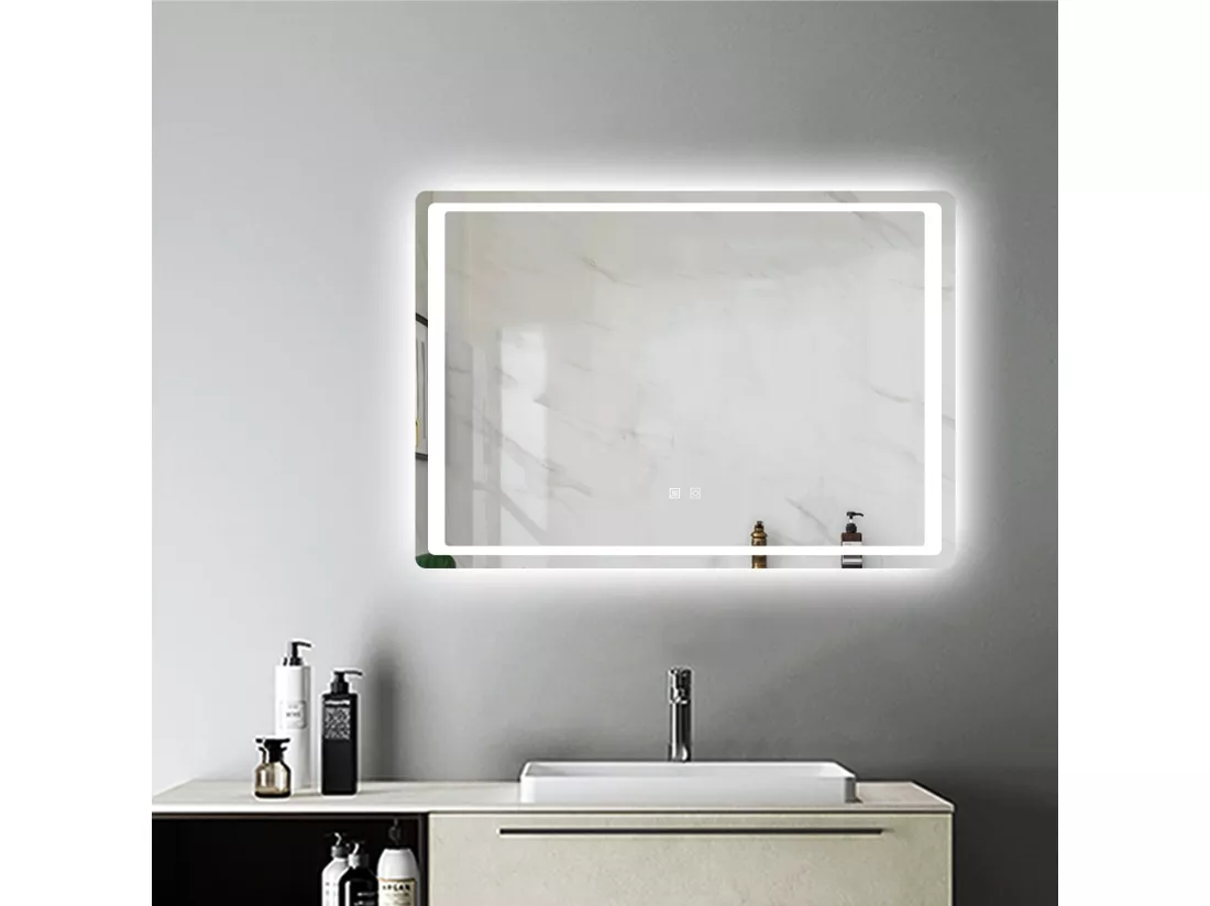 Miroir de Salle de Bain Anti-buée Miroir Lumineux LED à Double Contrôle 90 * 70cm Aica