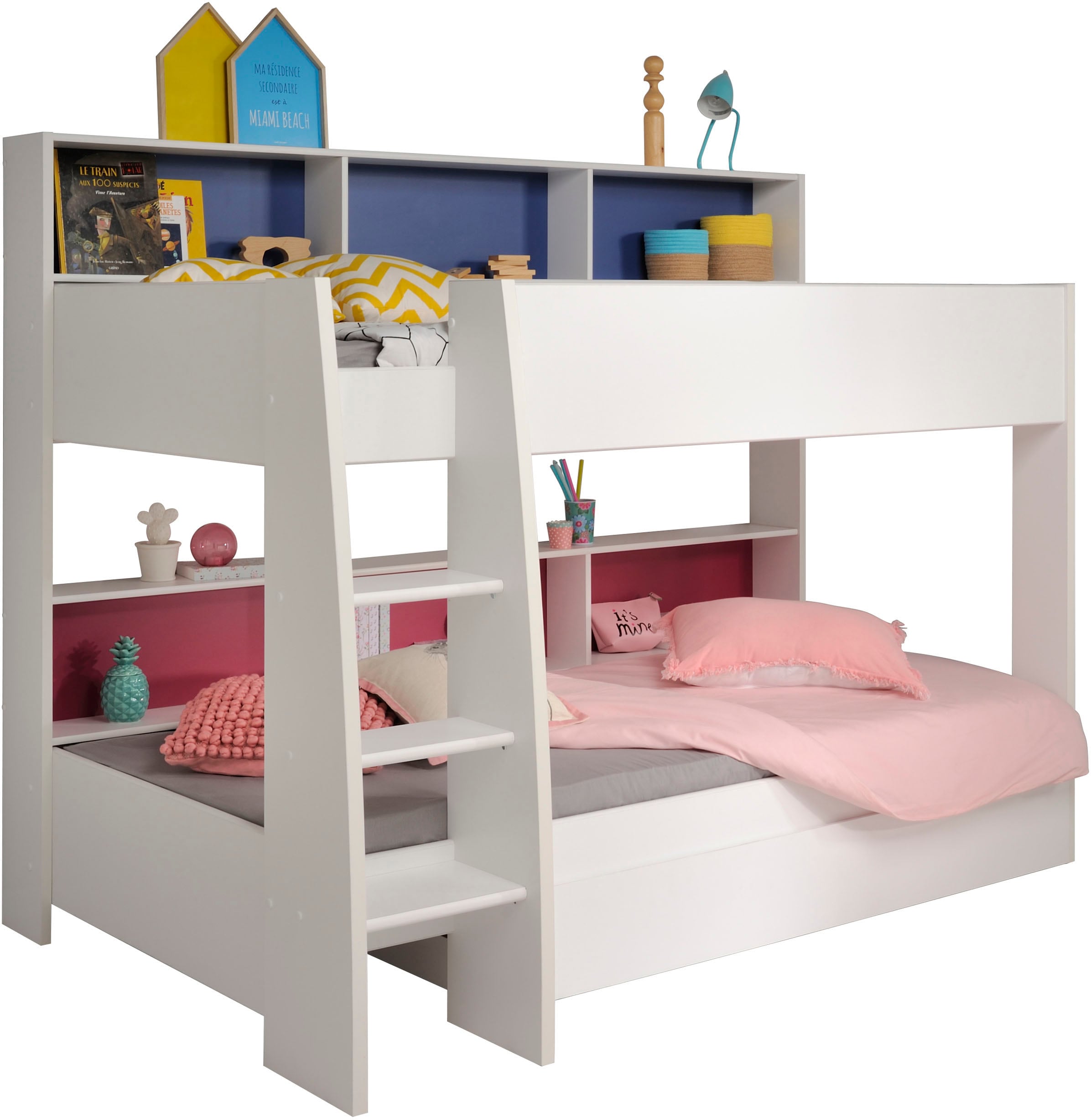 Parisot Etagenbett »Tam Tam, Stockbett, farbig hinterlegte Regale, mit Bettkasten« viel Stauraum, toll für kleine Räume, TOPSELLER!