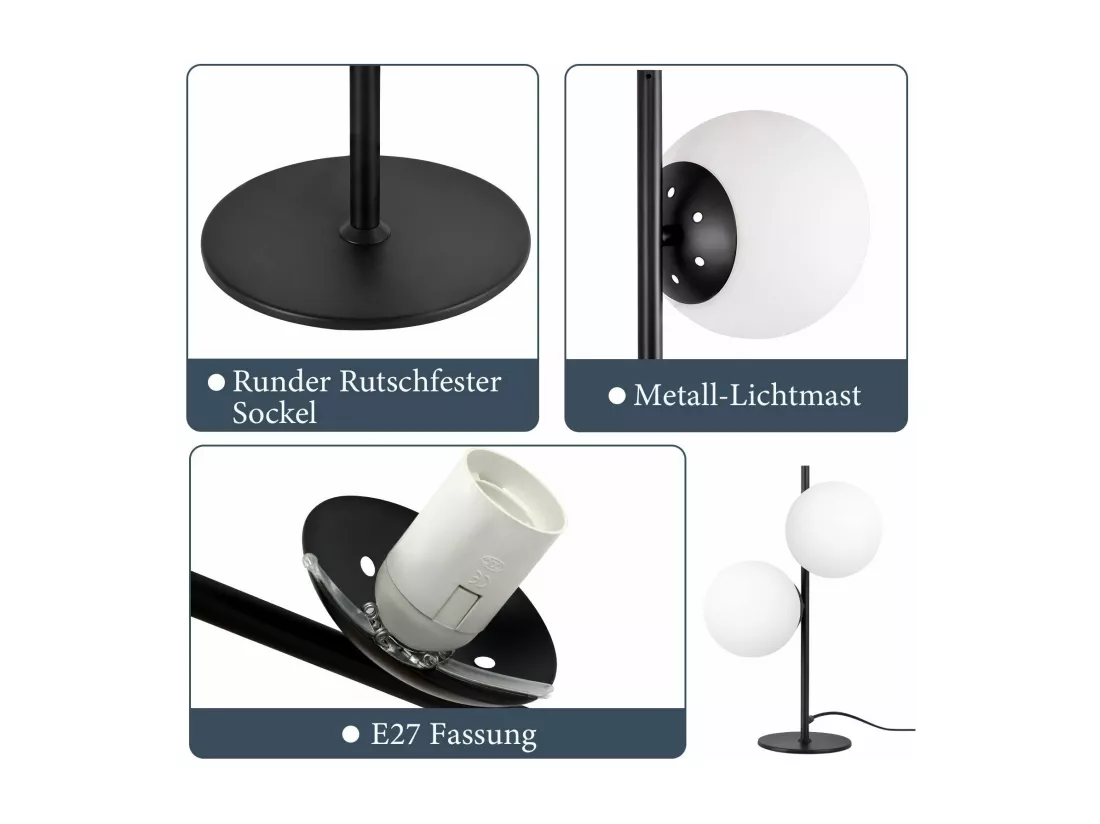 NETTLIFE Lampe de Table Lampe de Chevet Noire Salon E27 Design Moderne Verre Industriel Vintage Métal 2 Ampoules
