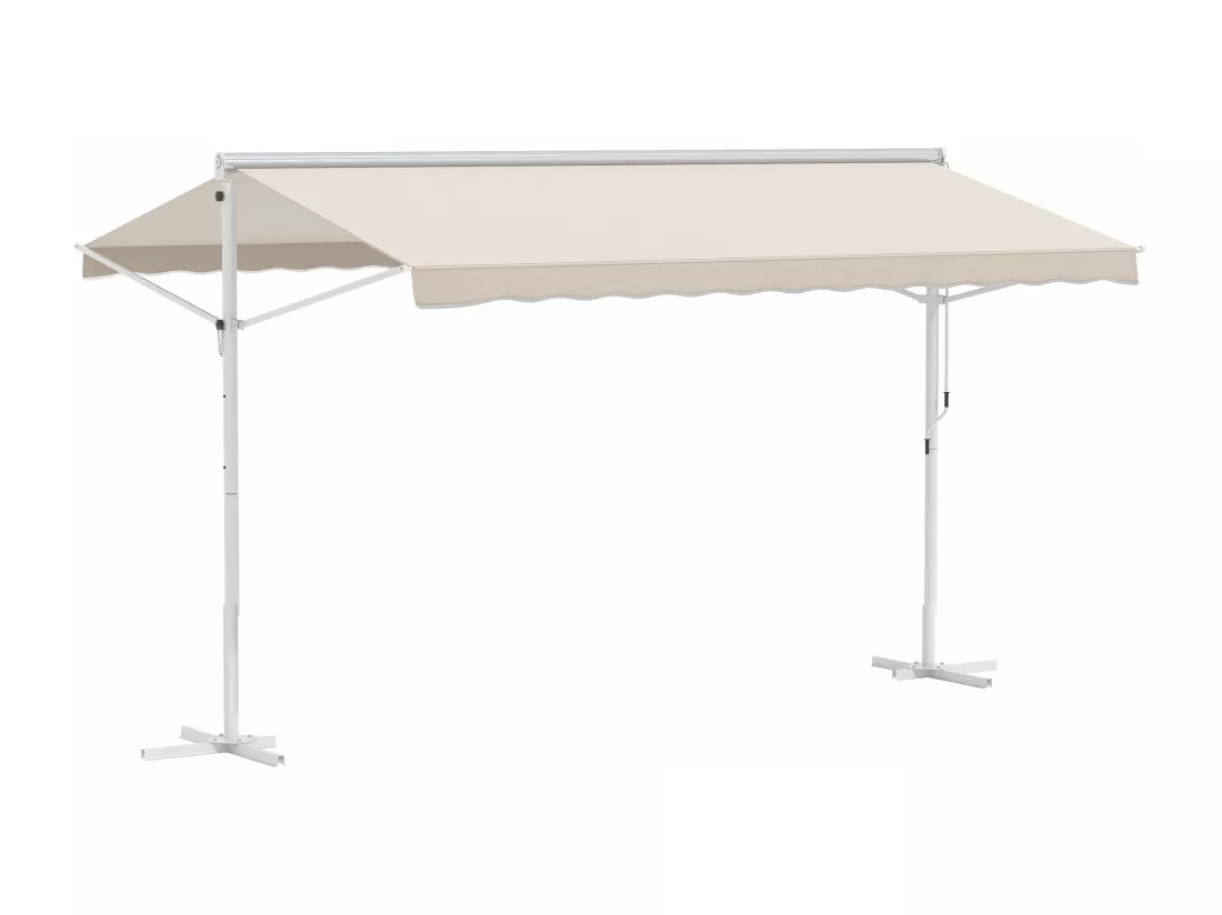 Store double pente manuel rétractable inclinaison réglable métal époxy blanc polyester imperméabilisé anti-UV beige dim. 3,95L x 2,98l x 2,55H m
