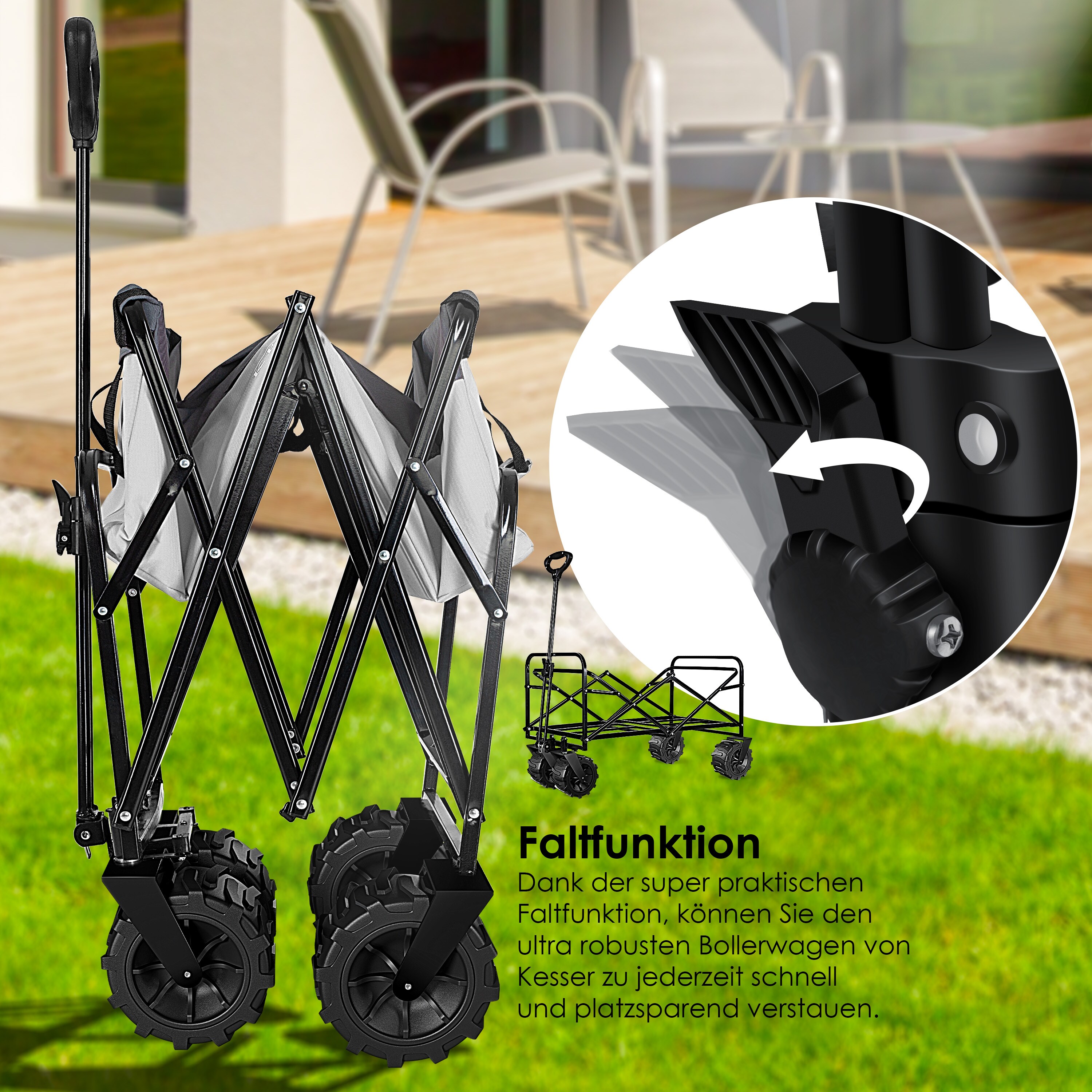 KESSER® Bollerwagen faltbar mit Breite Reifen Handwagen Transportkarre Gerätewagen | inkl. 2 Netztaschen | klappbar | Kunststoff-Reifen | bis 120 kg Tragkraft transportwagen Gartenanhänger