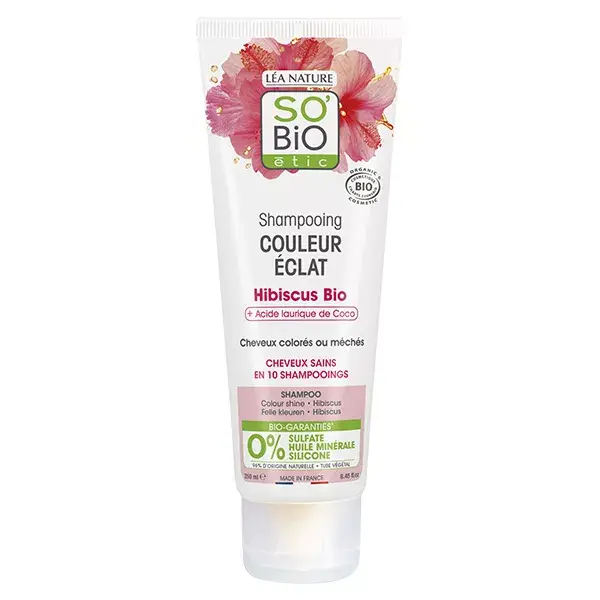 Shampoo So'Bio Étic para Cabelos Coloridos ou com Mechas, Hibisco e Ácido Láurico de Coco Orgânico, 250ml