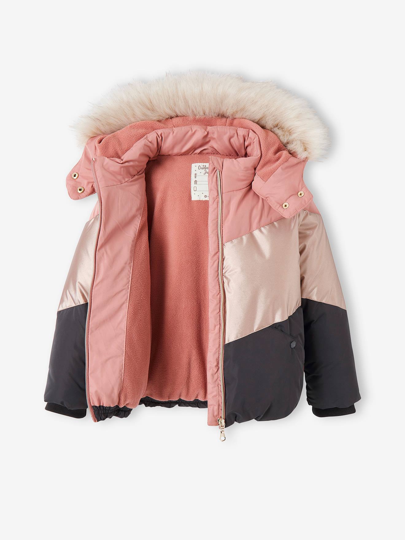 Jaqueta acolchoada colorblock com capuz e forro de lã, para meninas, rosa claro liso com estampas.
