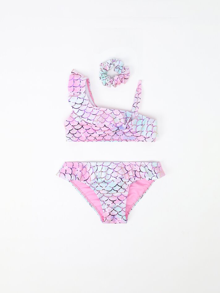 Conjunto de biquíni de duas peças e scrunchie com estampa de sereia - Rosa