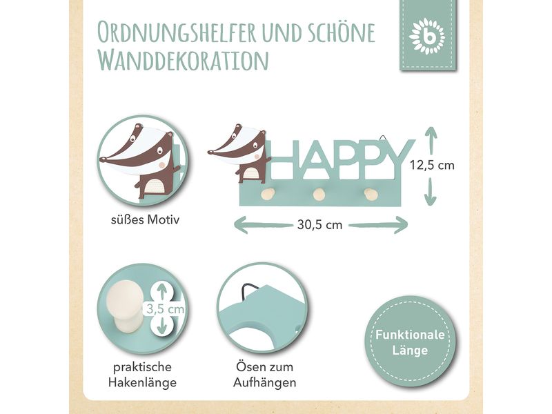 bieco Wandgarderobe Dachs Grün Garderobe mit Haken