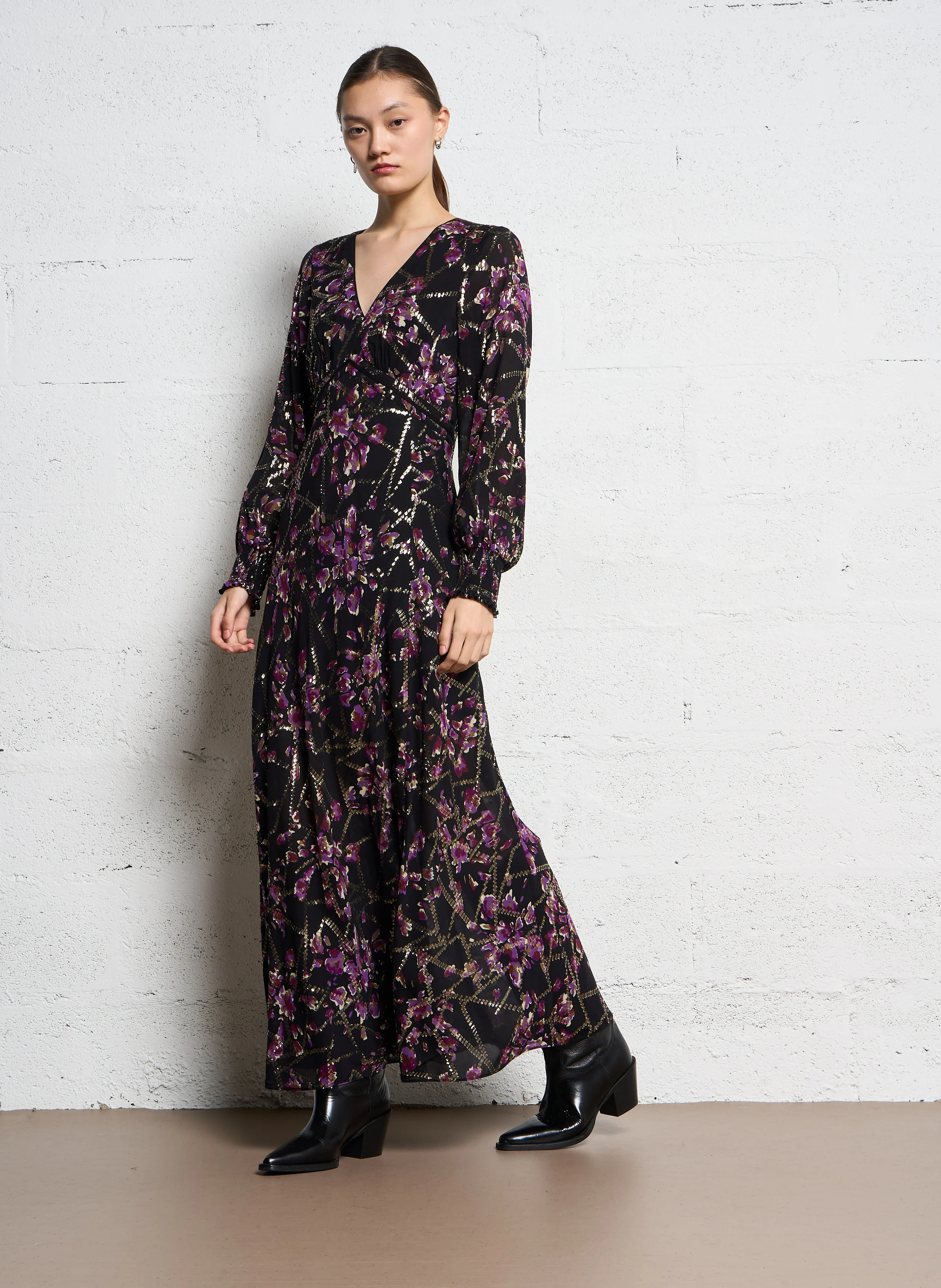DESIR - Robe longue brodée imprimée| Noir