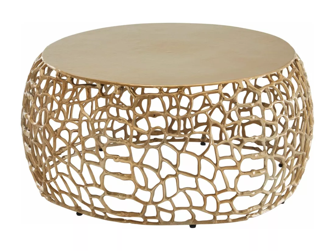 Table Basse de Salon Aluminium Or 66x66x30 cm Ronde Métal | Petite Table de Canapé avec Structure en Branches | Design Table d'appoint Style Moderne