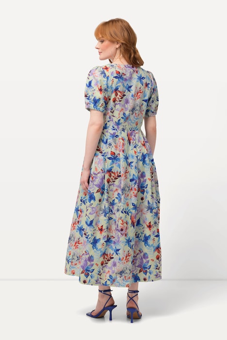 Midikleid, Blätter, Rundhals, Puff-Halbarm, Leinenmix