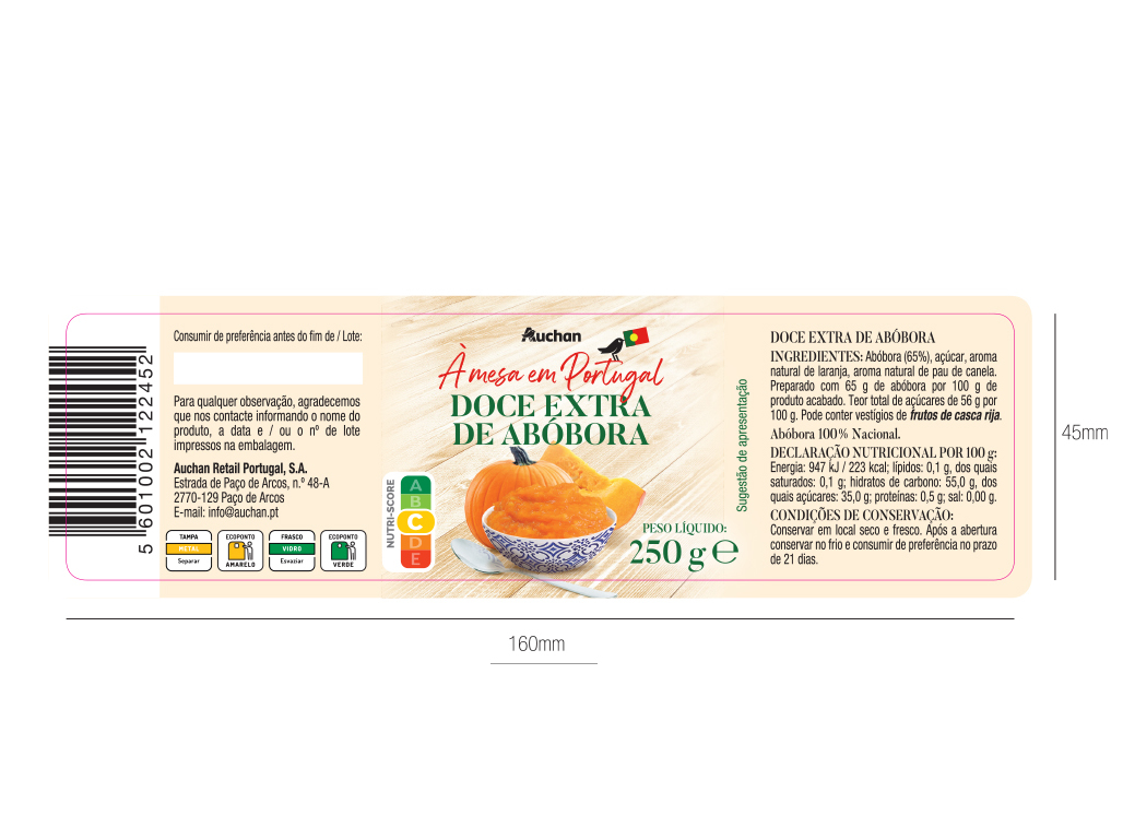 DOCE EXTRA AUCHAN À MESA EM PORTUGAL ABÓBORA 250G