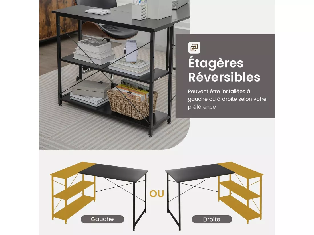 Bureau d'angle en Forme L Réversible, Poste de Travail avec Étagères de Rangement, 120 x 88 x 74,5 cm, Peu Encombrant, pour Maison, Bureaux (Noir)