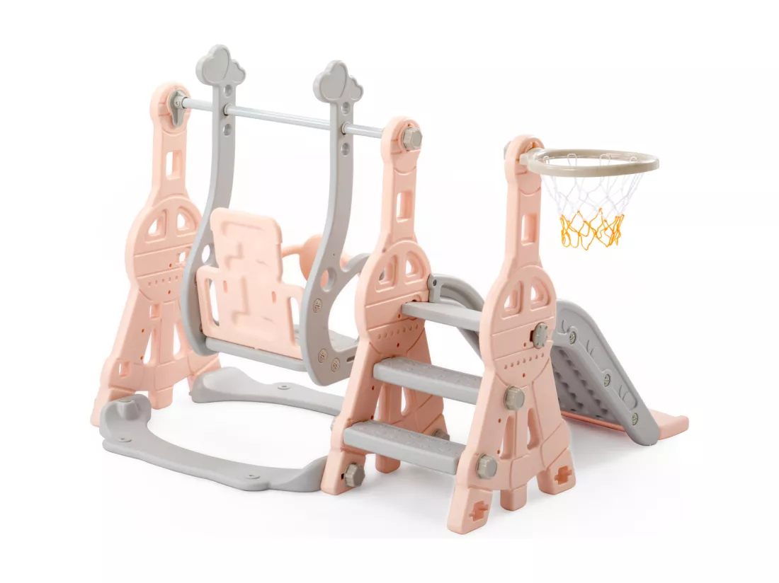 Toboggan pour enfants 4 en 1 avec support de basket, échelle d'escalade, balançoire de jardin,Rose+Gris