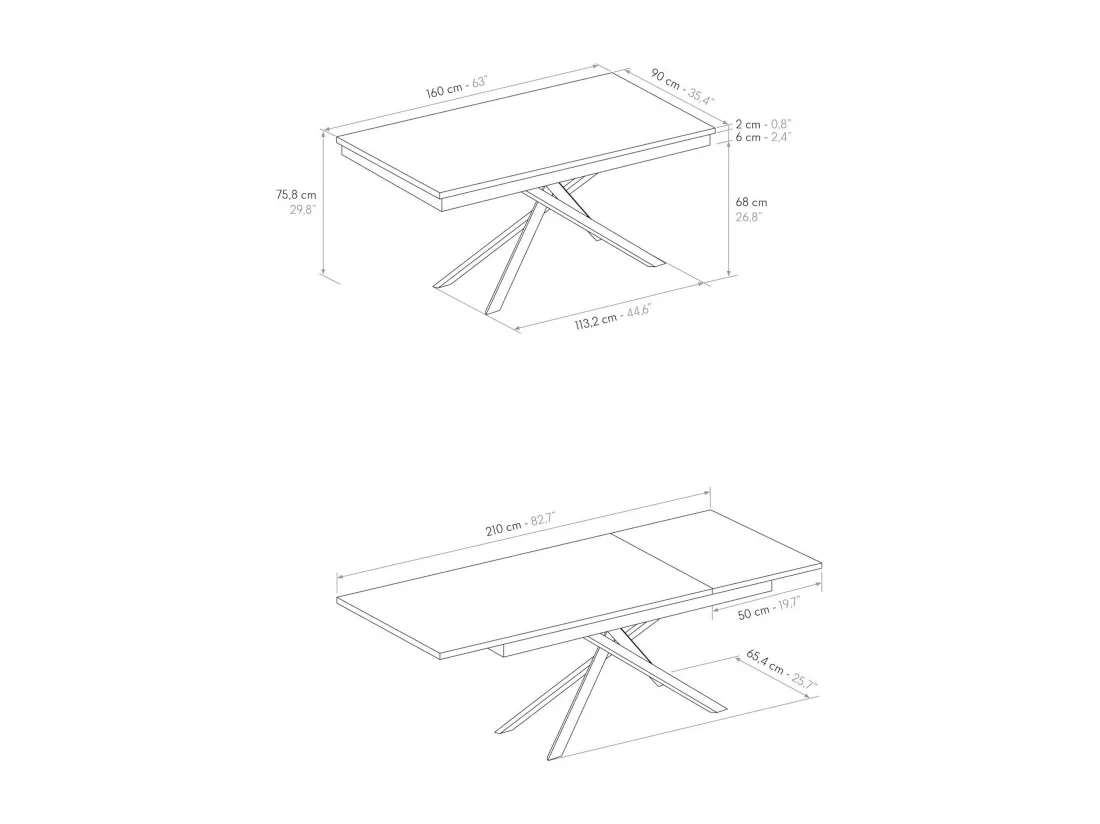 Table en bois, effet chêne, base anthracite, ext.160x90-210x90cm - VOLPAIA