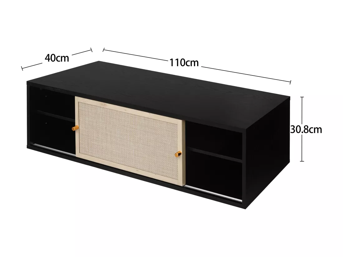 Armoire murale noire avec portes coulissantes à gauche et à droite, en rotin tressé, 110 cm de long, idéale pour chambre, bureau, salon