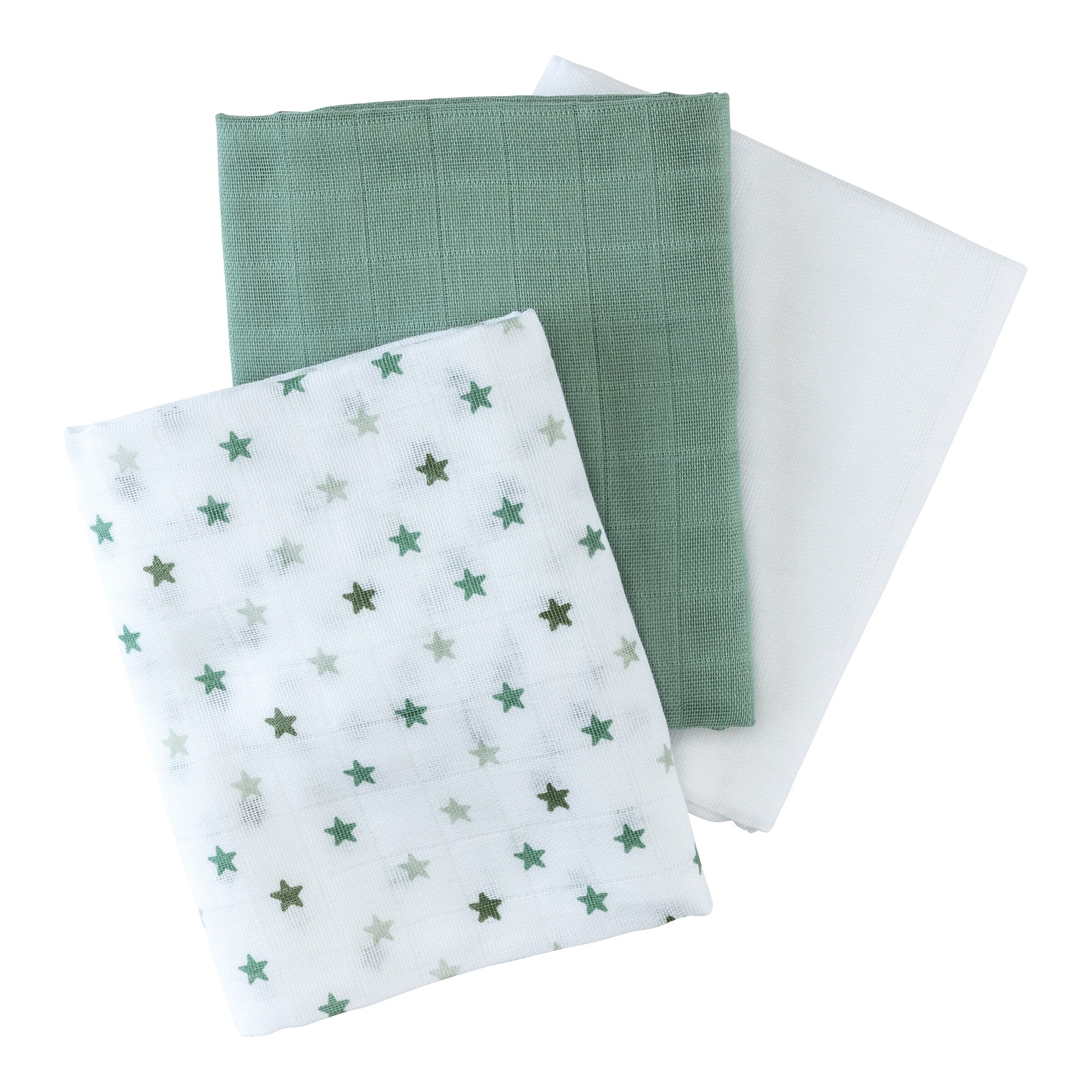 Bornino - Lieblinge 3er-Pack Mullwindeln Sterne 80x80 cm grün/weiß