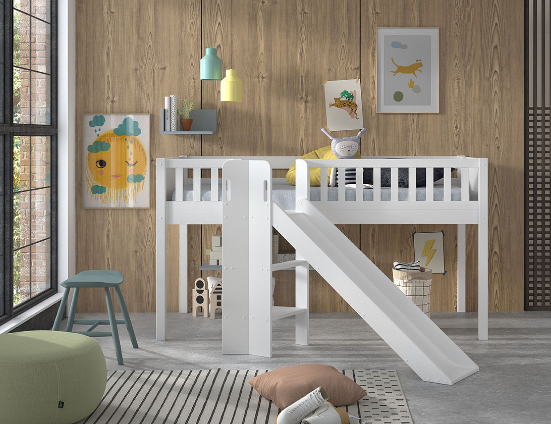 Spielbett SCOTT - weiß - mit Leiter und Rutsche - 90x200 cm