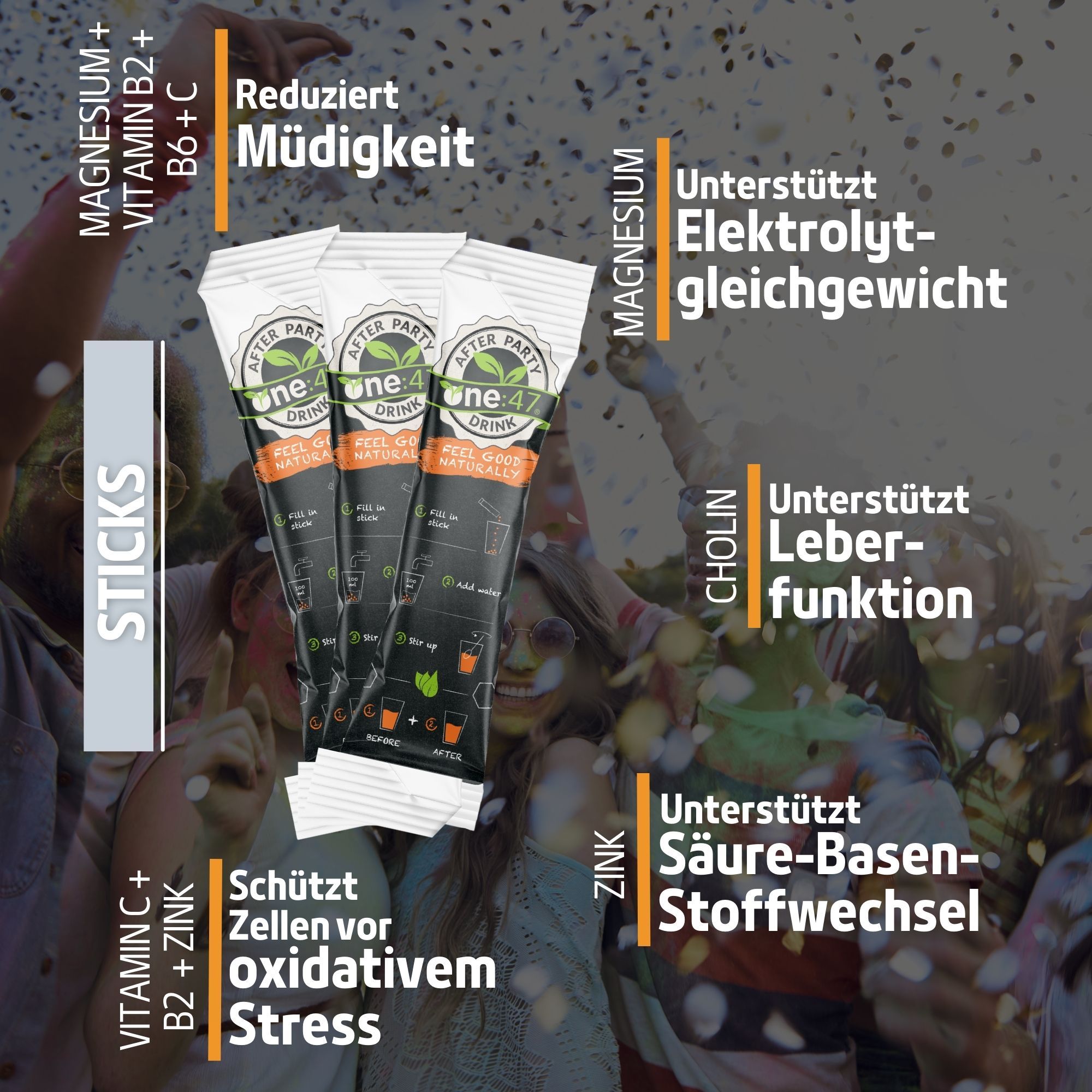 one:47® After Party Sticks mit Elektrolyten und Vitaminen