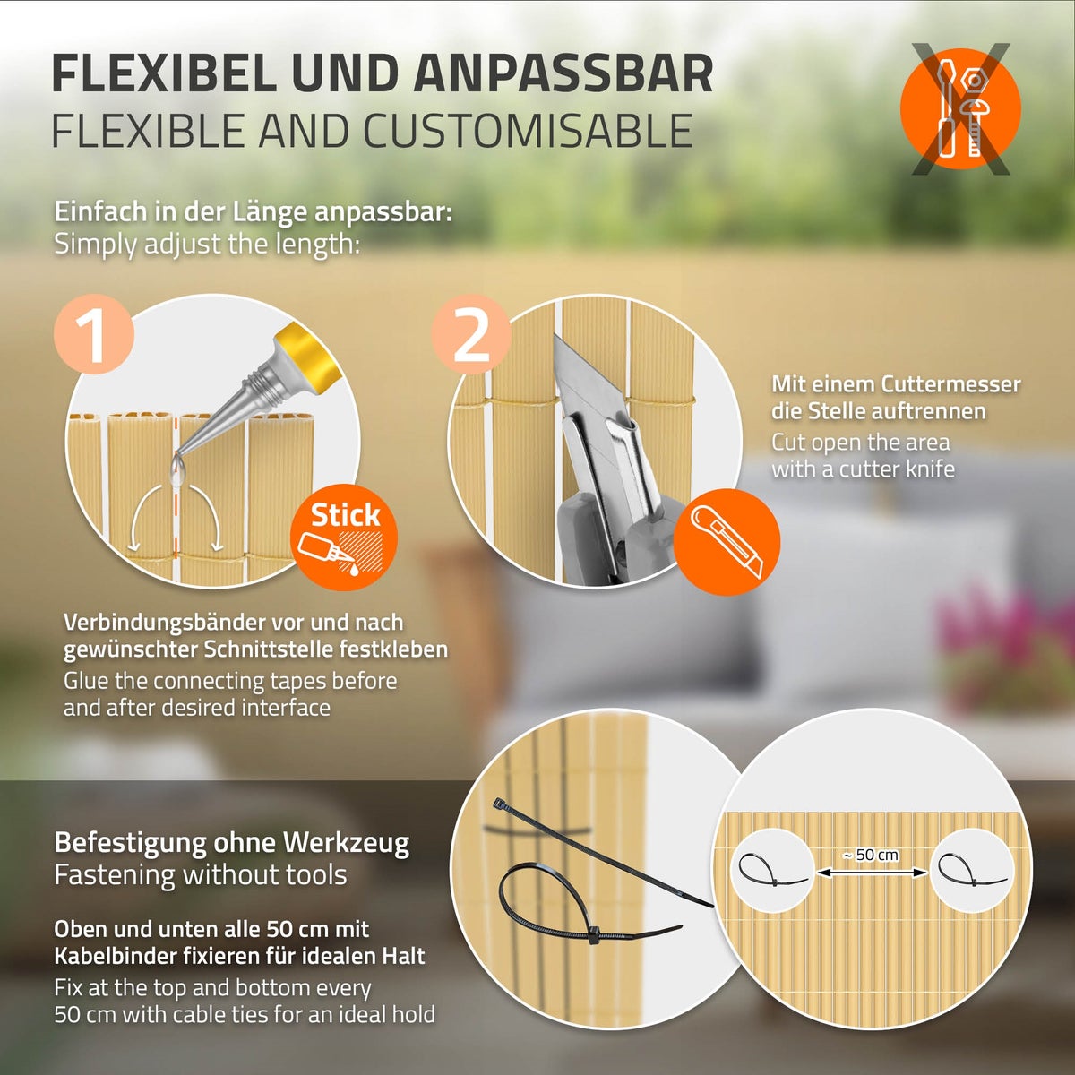 ECD Germany PVC-inkijkschermmat 100x300 cm, bamboe, inkijkscherm met 3-voudige wapening, UV-bestendig, waterdicht, windwerend, balkonbekleding, schuttingscherm, inkijkscherm voor tuin, balkon, terras