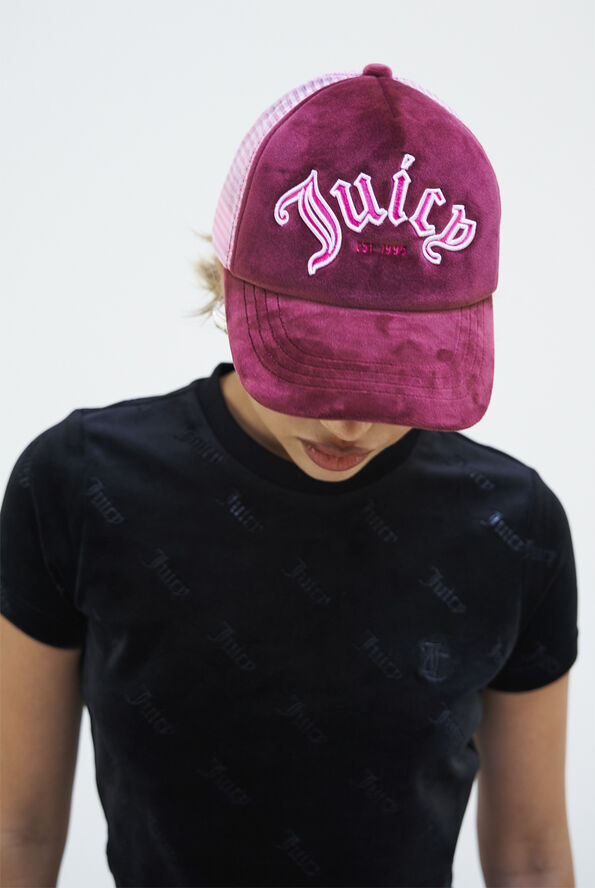 Juicy Couture BUZENVAL RAISED EMBROIDERY VELOUR TRUCKER HAT TAWNY PORT Tawny port
