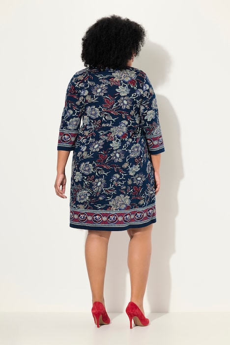 Jerseykleid, Blüten, A-Linie, V-Ausschnitt, 3/4-Arm