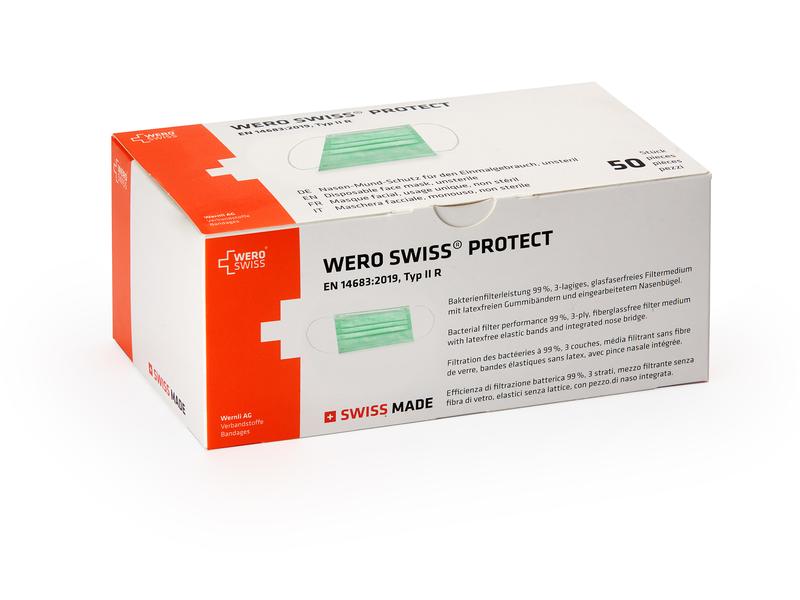 WERO SWISS PROTECT Hygienemaske Typ IIR, 50 Stück Medizinische Gesichtsmaske Typ IIR, unsteril (Klasse I), 50 Stück – Swiss Made