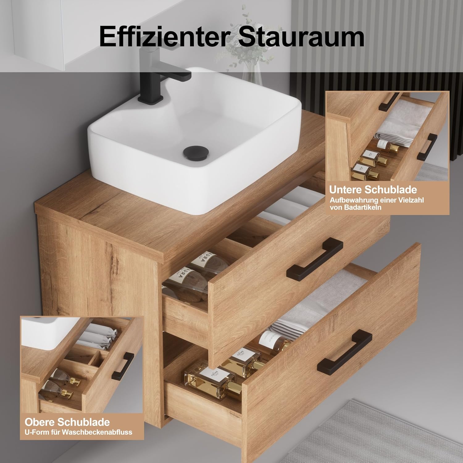 UEV Waschbeckenunterschrank für Gäste-WC/kleines Bad, Waschtisch kleine, Badschrank, Badezimmerschrank, Waschplatz ausreichend Stauraum Platzsparender 80,5 x 40,5 x 53,2 cm, Natur