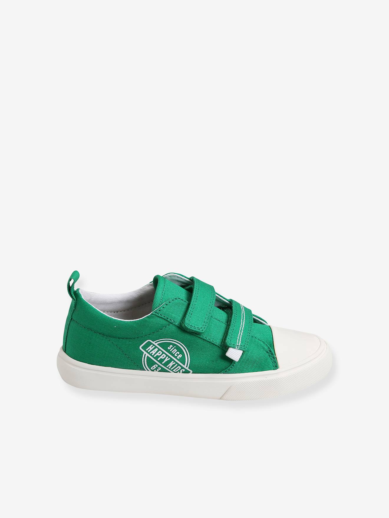 Tênis de lona com tiras autoadesivas, para meninos, verde escuro liso com estampas.