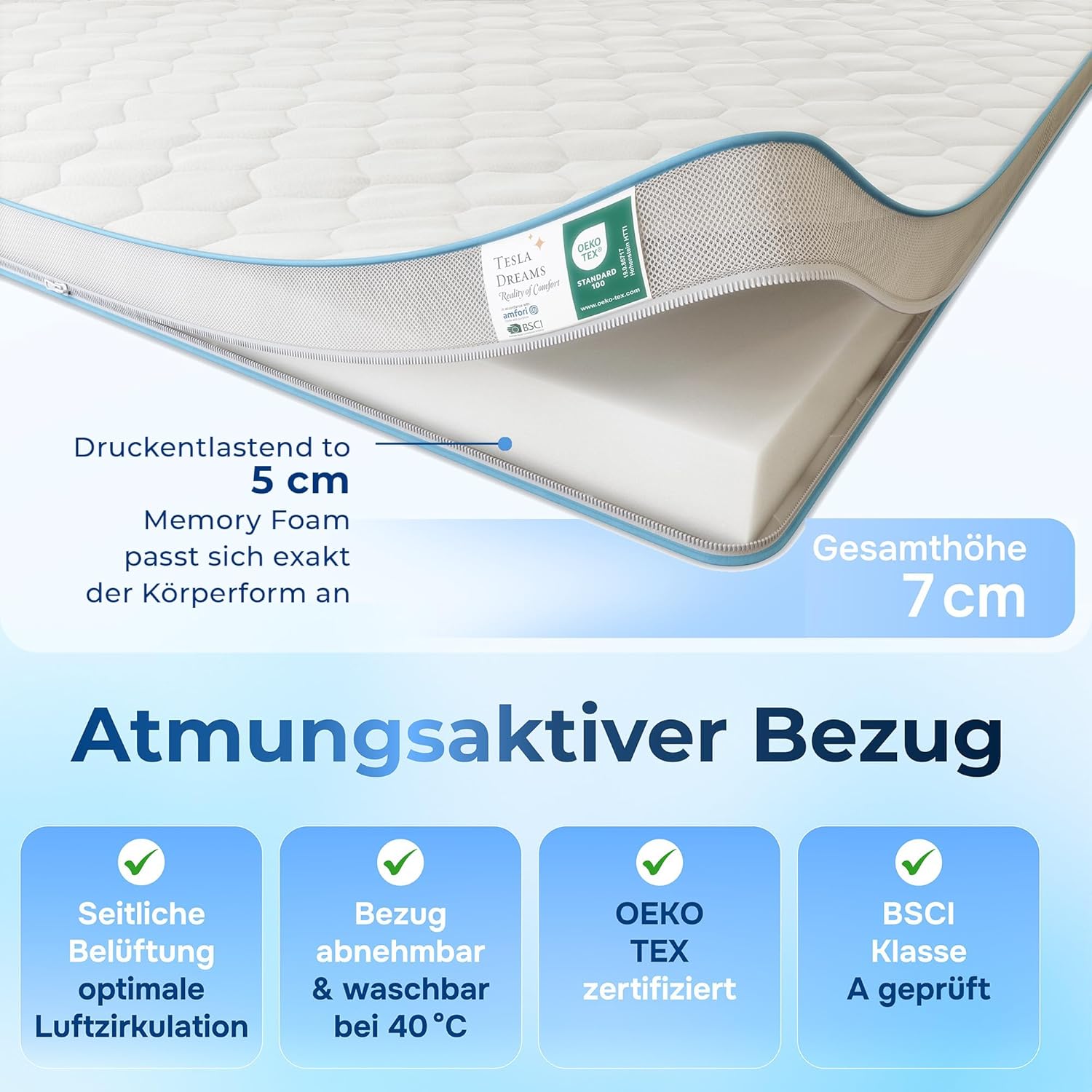 Tesla Dreams Memoryschaum Topper 140x200 cm – Visco Matratzen Topper 7 cm – druckentlastend & ergonomisch – atmungsaktiv – ÖKO-TEX Zertifiziert – Abnehmbarer & waschbarer Bezug