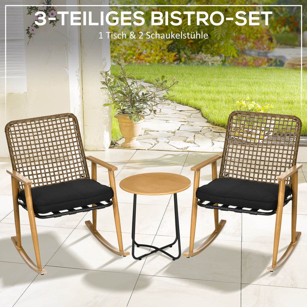 Outsunny 3-delige tuinmeubelset, 61L x 80B x 91H cm, staal, PE rotan, polyester, zwart