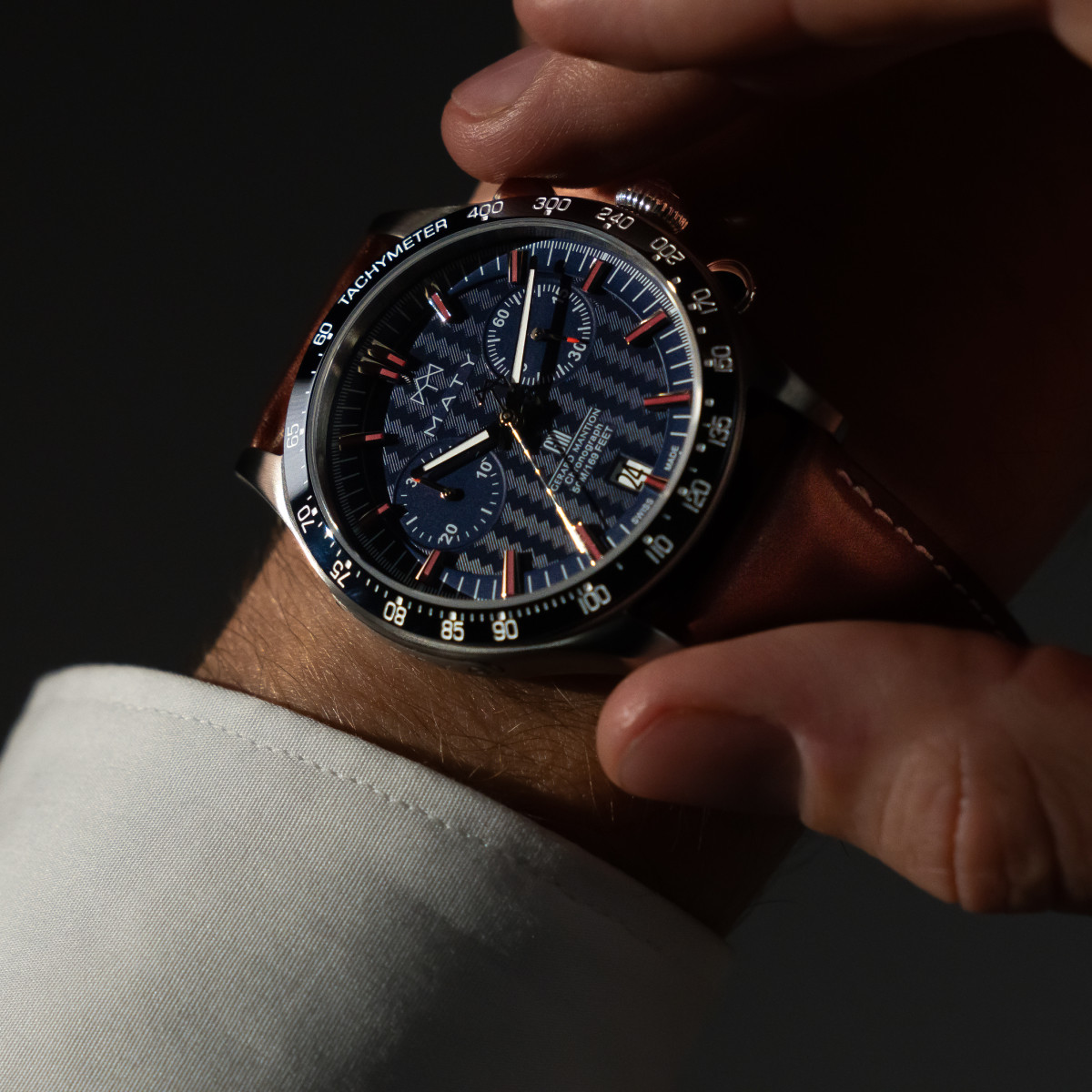 Montre MATY GM chronographe cadran bleu bracelet cuir marron
