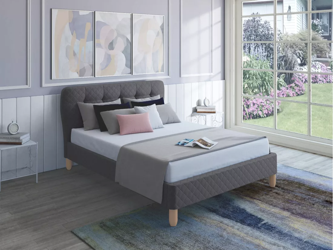 Lit 140 x 190 cm avec tête de lit capitonnée - Tissu - Gris - ELIDE